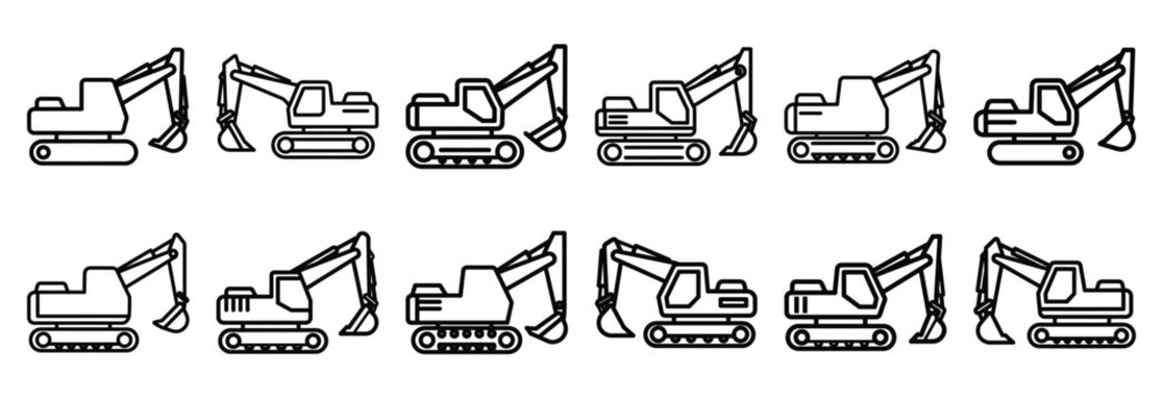 Set of outline icons excavator  simple . construction simple line isolated icon set collection