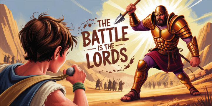 David and Goliath Bible Illustration, Young Shepherd Facing Giant Warrior with Sling, Christian Faith Poster Text The Battle Is The Lords