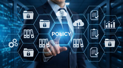 A businessman touches a virtual button labeled POLICY,highlighting the importance of corporate rules and regulations,digital interface displays document icons for legal compliance.