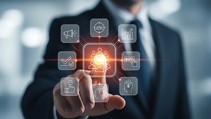 Businessman interacting with virtual interface icons on finger tip in modern office setting with blurred background