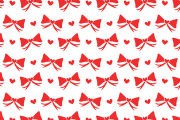 Vector seamless background with red bows and hand-drawn hearts. Seamless pattern with ribbon bows.