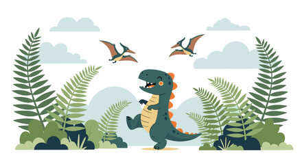 Naklejka premium Cute green tyrannosaurus rex playing in a prehistoric jungle with flying pterodactyls and tropical ferns under a cloudy sky.