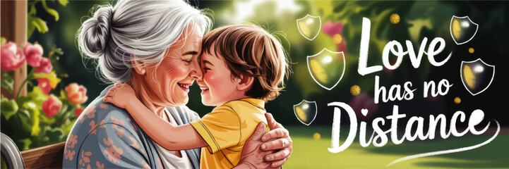 Loving grandmother hugging child illustration in sunny garden, Love has no Distance family quote, warm multigenerational bonding art