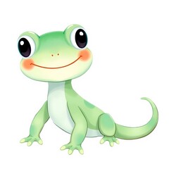 Fototapeta premium A cute cartoon green lizard smiles with big black eyes.