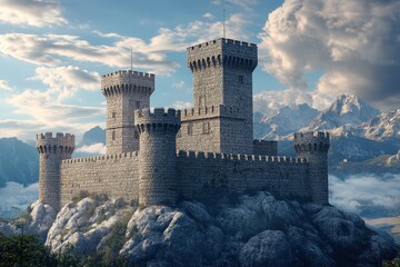 Majestic stone castle perched on rugged mountain top under a dramatic sky