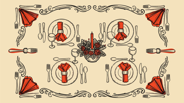 Vintage hand-drawn illustration of an elegant table setting for four people, with plates, cutlery, glasses, and a floral centerpiece.