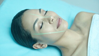 Woman lying down with green laser lines projected across the face. The setup suggests precision mapping for medical or cosmetic procedures, integration of technology in aesthetic treatment planning.