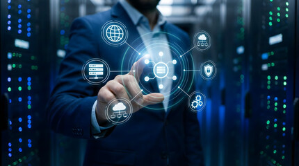 IT administrator interacting with virtual network nodes in server room,highlighting cloud computing and connectivity,ideal for technology infrastructure,data center visuals.