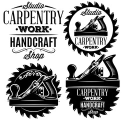 Carpentry work handcraft shop studio emblems set with woodworking tools and saw blades in black and white.