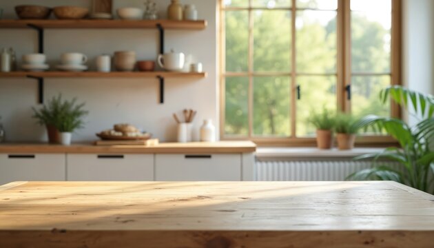 Wooden kitchen table surface in sun light. Shelves with dishes, window with green plants visible in background. Clean modern interior with bright natural illumination. Cozy home atmosphere for