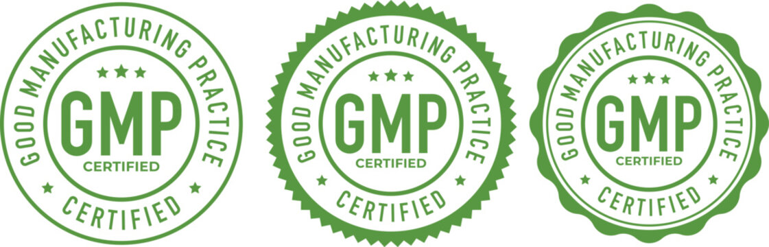 Set of 3 Green GMP Certified Vector Badges - 'Good Manufacturing Practice' Quality Stamps