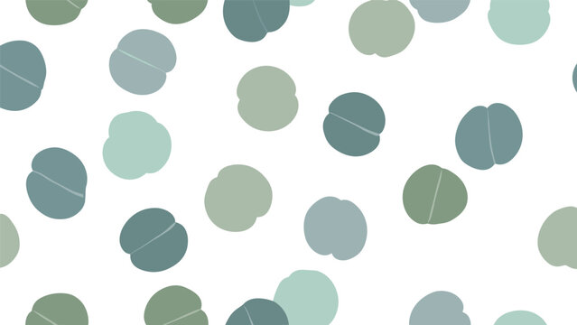 Abstract seamless pattern with scattered lithops or living stone succulent illustrations in various muted green and blue tones.
