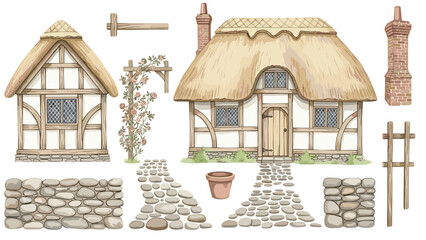 Charming watercolor collection of English country cottage elements, including houses with thatched roofs, stone walls, paths, and roses.