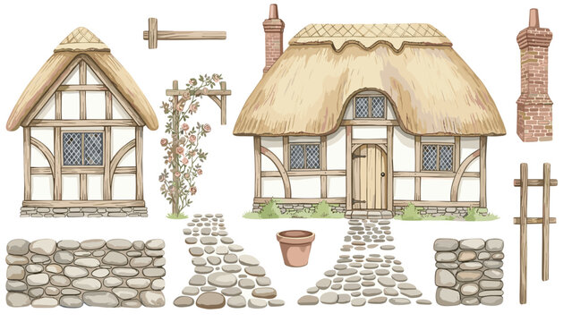 Charming watercolor collection of English country cottage elements, including houses with thatched roofs, stone walls, paths, and roses.