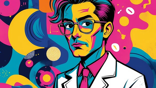 Vibrant businessman in colorful abstract background with glasses