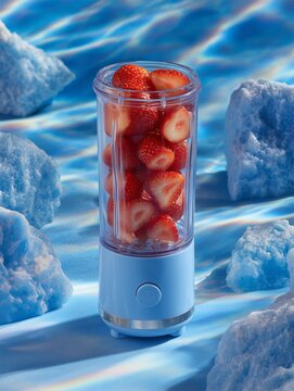 Fresas cortadas en batidora port&aacute;til azul, Mini batidora con fresas y rocas de hielo azules, Mockup para marca de batidos frutales, Imagen para campa&ntilde;a de batidos saludables