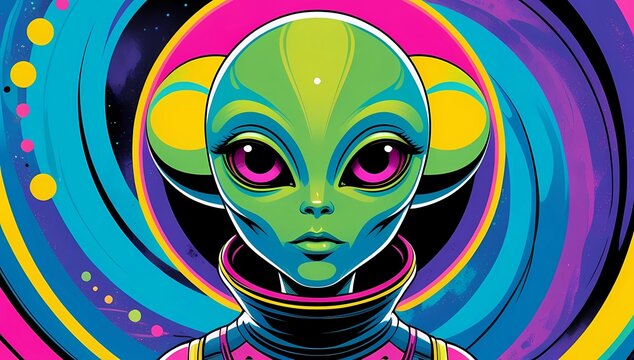 Vibrant alien woman with striking pink eyes in colorful cosmic background