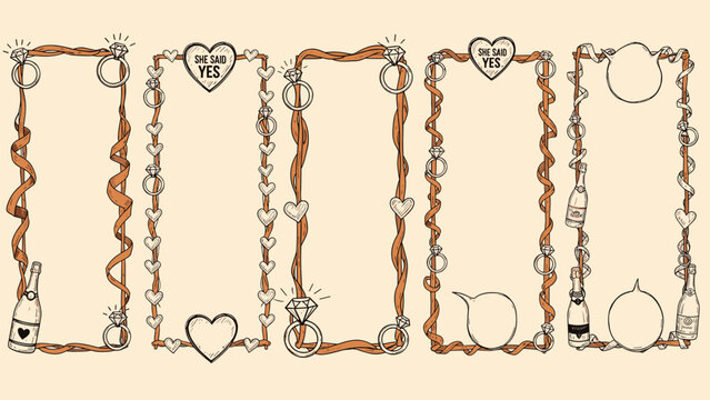 Set of hand-drawn vintage engagement and wedding photo booth frames with rings, hearts, champagne, and 'She Said Yes' signs.