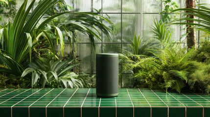 Altavoz verde sobre mesa de azulejos en invernadero, Mockup para campaña de audio sostenible, Fondo aesthetic para publicidad de tecnología, Estilo biofílico para marca de electrónica