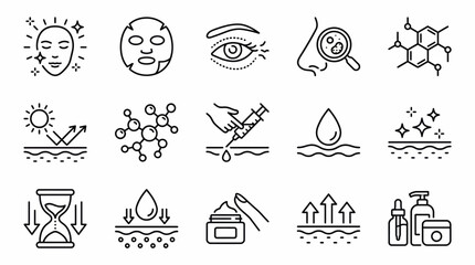Vector Skincare Icon Set – Black Line Art Symbols for Dermatology, Cosmetic Treatments, Ingredients, and Beauty Product Design Themes