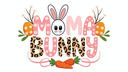 Momma bunny with leopard print and floral patterns, featuring easter eggs and carrots Vector