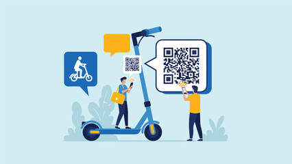 Electric scooter sharing service concept with people using smartphones to scan a QR code for rental and payment information.