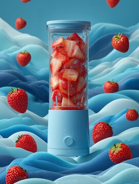 Batidora port&aacute;til con fresas sobre fondo azul abstracto, Primer plano de fresas troceadas en batidora azul, Branding para batidora port&aacute;til de frutas, Mockup para campa&ntilde;a de batidos saludables