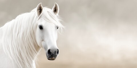 Naklejka premium White horse with long mane stands against a blurred background with soft colors, facing forward, with ears perked up and eyes visible in a calm position. Cloud dancer color of year 2026