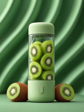 Batidora port&aacute;til con rodajas de kiwi, Primer plano de kiwis en batidora verde, Mockup para batidora de zumos, Dise&ntilde;o de producto de cocina minimalista, Fotograf&iacute;a de producto aesthetic en tonos verde