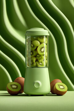 Kiwi en rodajas dentro de una batidora de cocina, Mockup para marca de batidoras, Fotograf&iacute;a de producto para campa&ntilde;a de vida sana
