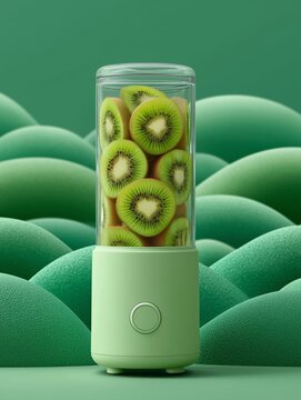 Batidora llena de rodajas de kiwi sobre fondo ondulado verde, Primer plano de batidora con kiwi en rodajas, Mockup para batidora de zumos, estilo moderno