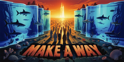 Epic parted ocean path with sharks and crowd walking toward radiant temple at sunset, inspirational make a way concept art