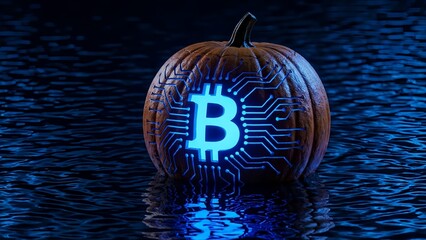 Glowing Blue Bitcoin Symbol Carved into Halloween Pumpkin over Dark Water