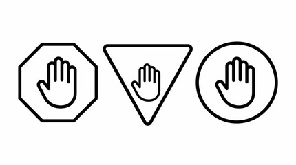 Vector Stop Symbol Icon Set – Raised Hand in Octagon, Triangle, and Circle for Warning, Caution, and Prohibition Signage Design Themes