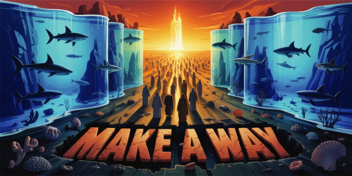 Epic parted ocean path with sharks and crowd walking toward radiant temple at sunset, inspirational make a way concept art