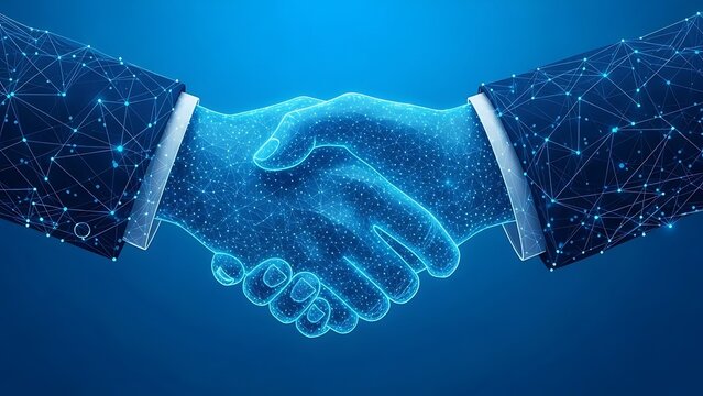 A digital handshake between two hands, symbolizing a business agreement or partnership.
