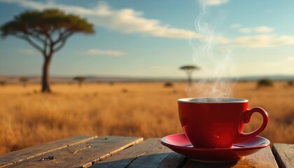 Red coffee cup steams on wooden table. African savanna landscape with acacia trees in background. Warm beverage enjoyed outdoors with golden dry grass under blue sky.