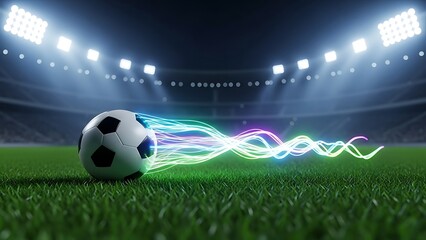 Soccer ball in stadium with neon trail