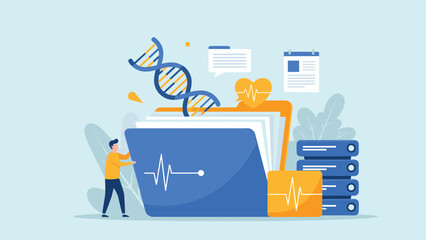 Medical records and health data concept illustrated with a person organizing a large folder containing DNA, heartbeat, and documents.