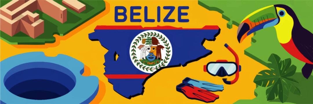 Colorful Belize travel illustration with map, national flag emblem, toucan, Blue Hole, Mayan ruins and snorkeling adventure gear