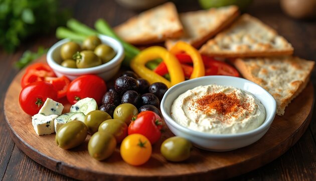 Platter with pita bread, olives, fresh tomatoes, cheese, celery sticks, creamy hummus. Colorful bell peppers add vibrancy to this appetizer board. Perfect for sharing at any social gathering or event.
