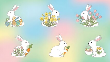 Easter-themed collection of charming white bunnies with colorful decorations. The bunnies are surrounded by various flower arrangements and holding carrots or Easter eggs