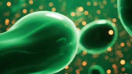 Green shiny reflective spheres with orange glowing lights in the background creating a futuristic ambiance with bokeh effect - Powered by Adobe