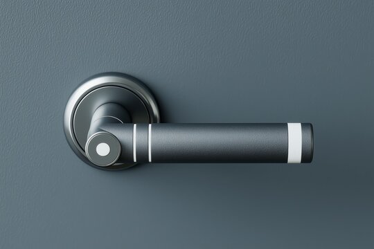 Manilla de puerta moderna en metal oscuro, Detalle de dise&ntilde;o de interior: manija de puerta cil&iacute;ndrica, picaporte inteligente, cerradura inteligente, seguridad del hogar, dom&oacute;tica 