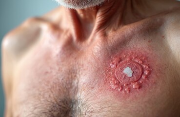 Naklejka premium Senior man chest shows a red irritated skin spot, possibly basal cell carcinoma BCC. Medical closeup of skin anomaly on elderly male patient. Health care concept for skin cancer awareness.