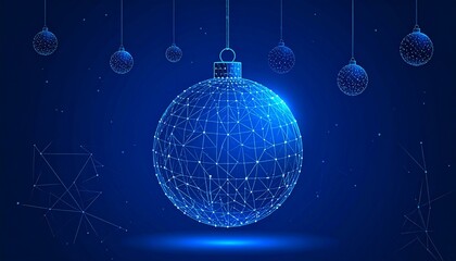 Digital Christmas ornament made of glowing nodes and lines suspended on dark blue starry background.