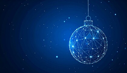 Digital Christmas ornament made of glowing nodes and lines suspended on dark blue starry background.