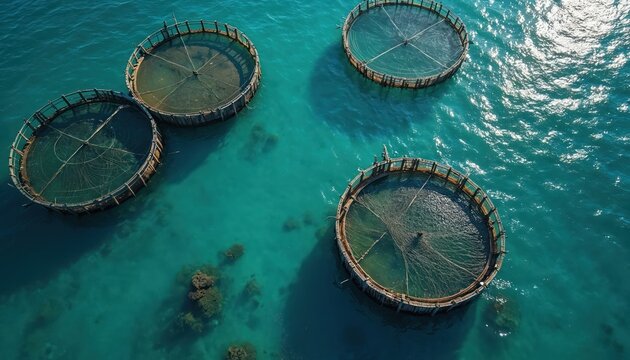 Circular fish farm enclosures float in bright blue ocean water. Netting inside pens traps fish for farming. Aquaculture business operates at sea near coastline. Blue sea surrounds marine farming