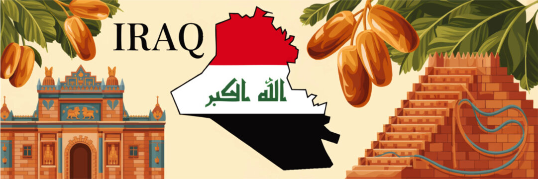 Iraq cultural landmarks illustration with map flag, Ishtar Gate, ziggurat of Ur and date palm fruit, Middle East travel background