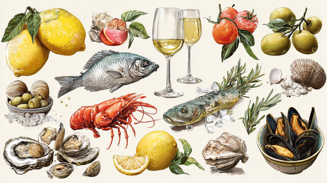 Fresh Mediterranean Seafood and Produce Delights: Lemons, Fish, and Wine Illustration Set.
